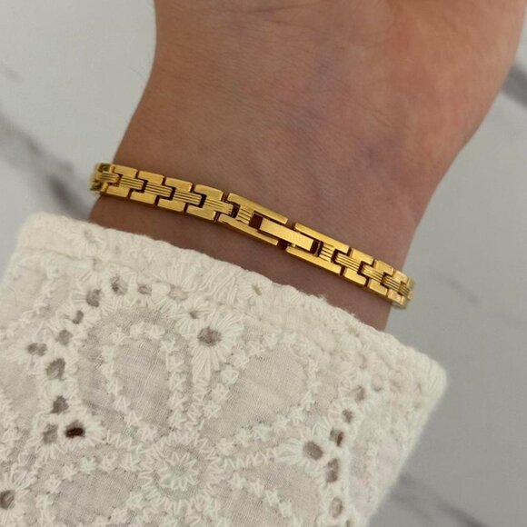 Sku‎ : 0451 cute gold mini watch bracelet with brown Inserts with marble pattern main image 4